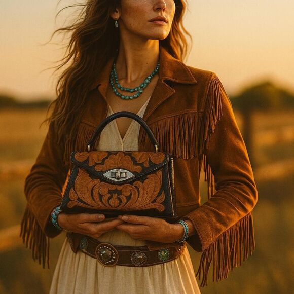 American Vintage Handbags - Vintage Tooled Leather Western Satchel Bag